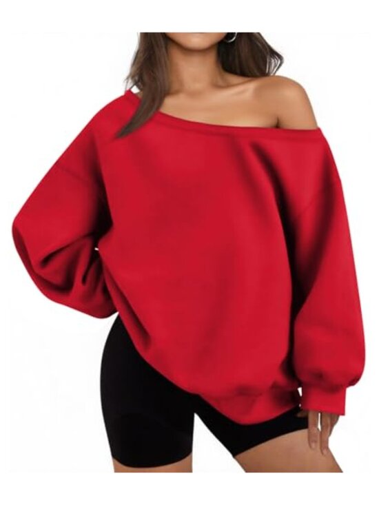 Tops - Off Shoulder Fleece Oversized Sweatshirt Long Sleeve Winter Pullover